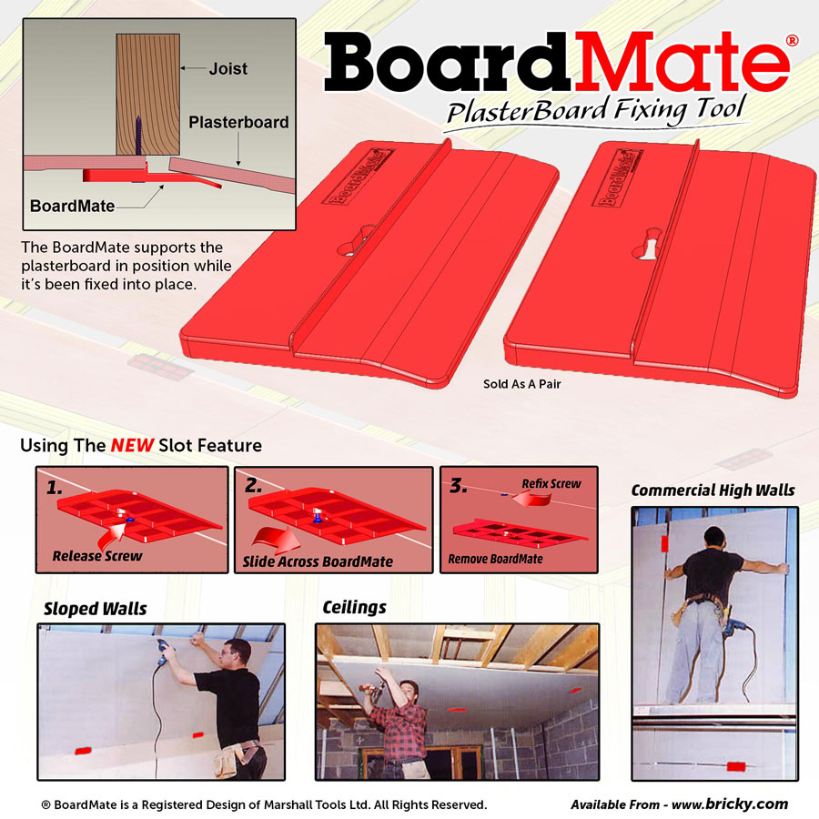 The BoardMate supports the plasterboard in position before it's screwed into place. A Great Plasterboard Fixing Tool.